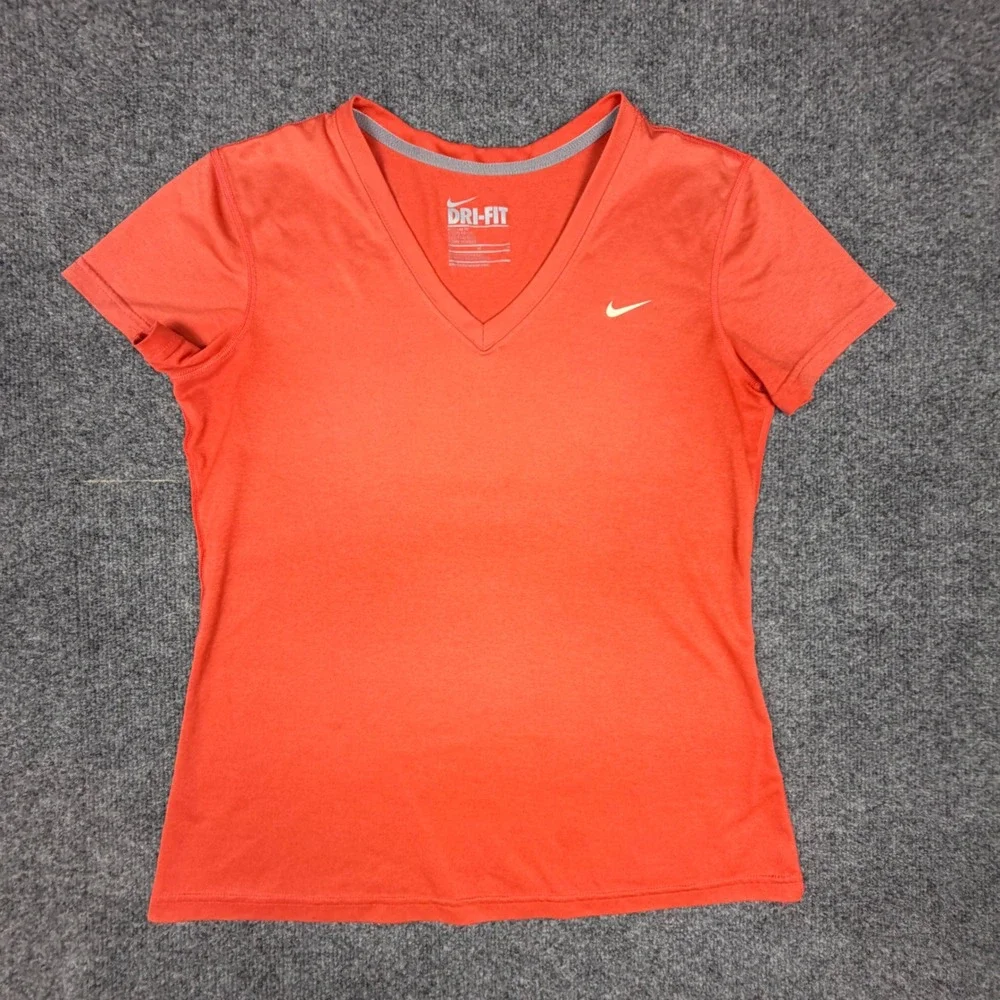 Nike Dri-FIT Womens V-Neck Short Sleeve Athletic T-Shirt Orange‎ Heather Medium